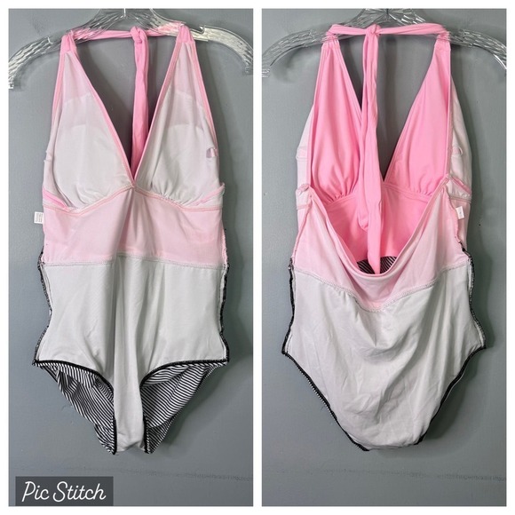 Pink Black and White Striped Ruched Plunge Halter Tie Swimsuit Women's Size L - Picture 12 of 12